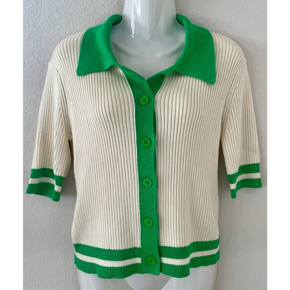 Anthropologie Green & Ivory Colorblock Polo Cardigan Sweater Top Small - Picture 3 of 7